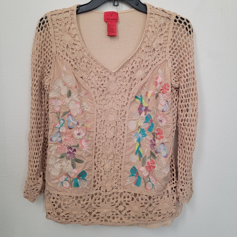 V Cristina Womens Tan Crochet Embroidered Floral V-Neck Long Sleeve Top Large